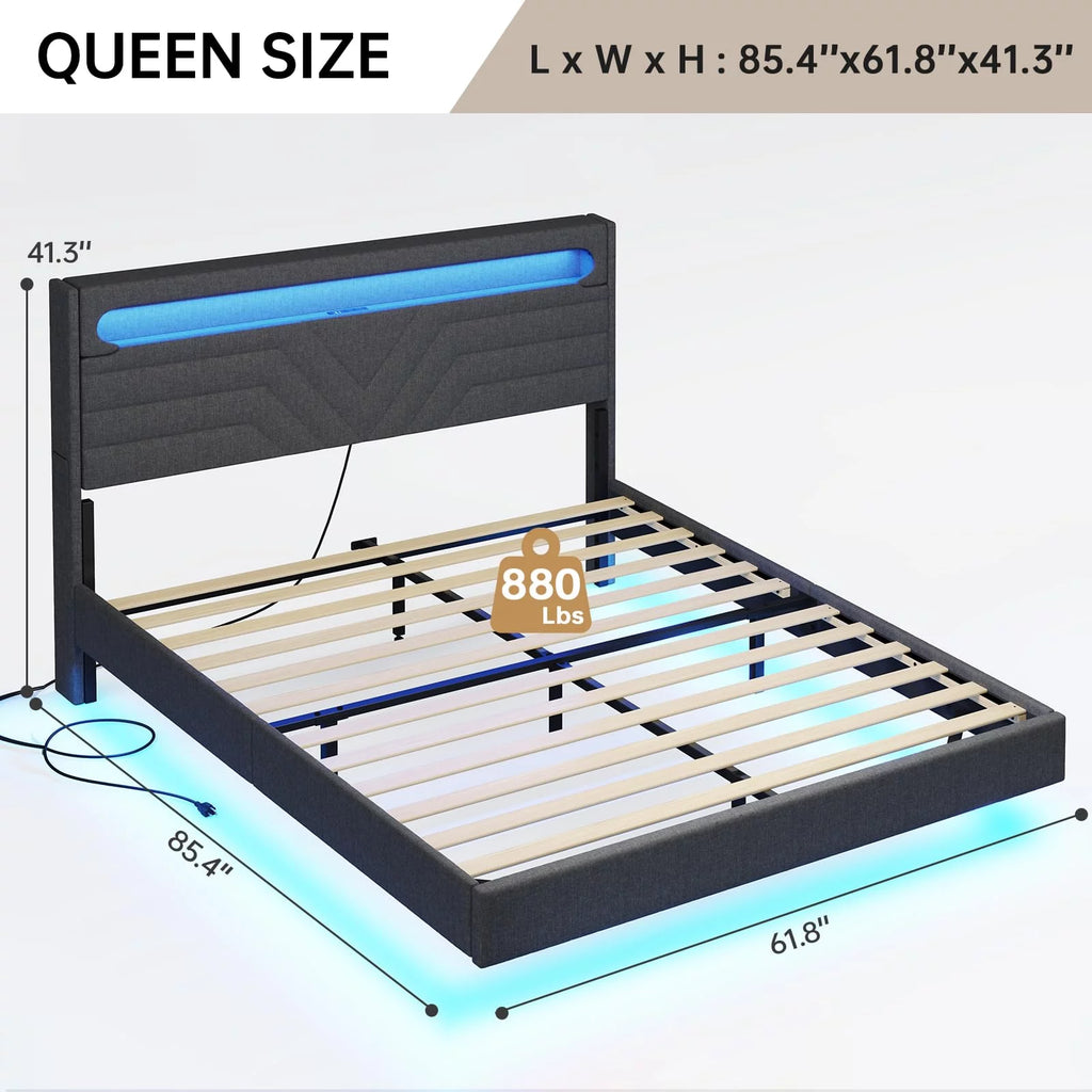 Queen Floating Bed Frame with LED Lights Headboard, USB-C/A Power Combo, Upholstered Platform Bed, Dark Gray O579