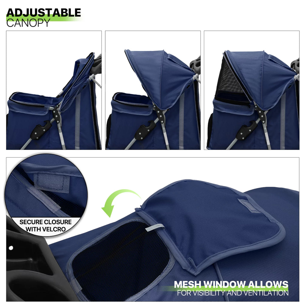 Foldable Pet Stroller with Wheels, Storage Basket and Cup Holder, Navy Blue I927