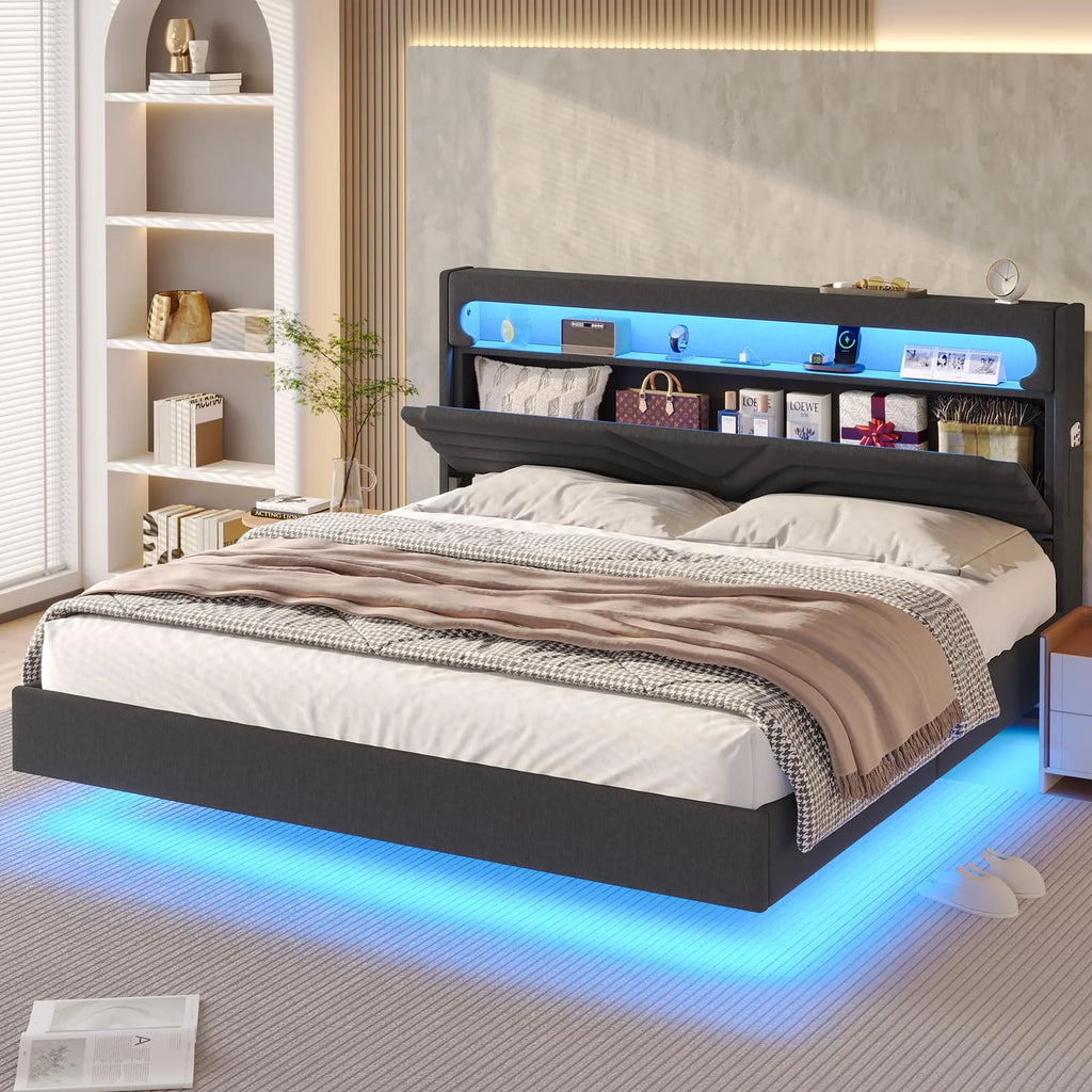 Queen Floating Bed Frame with LED Lights Headboard, USB-C/A Power Combo, Upholstered Platform Bed, Dark Gray O579