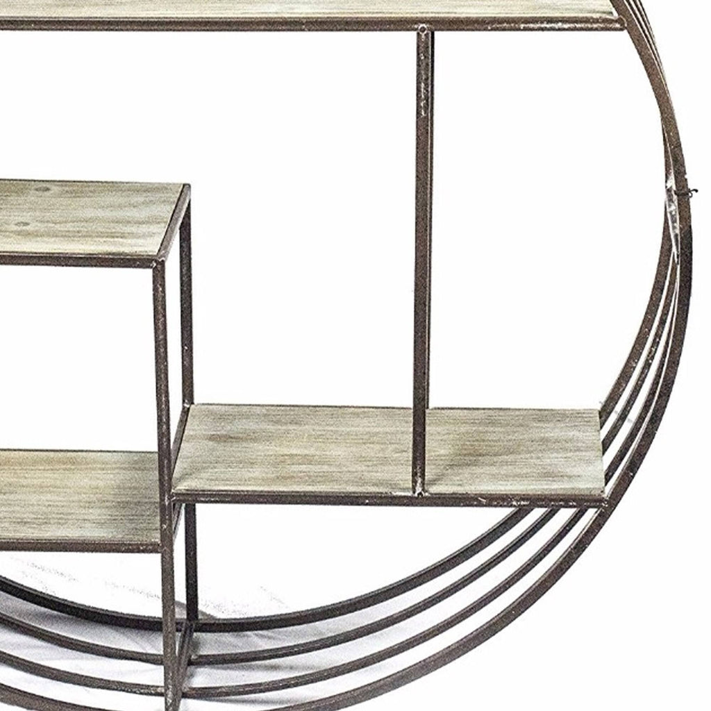 Brown Round Metal Wall Shelf with Wooden Shelves S5327