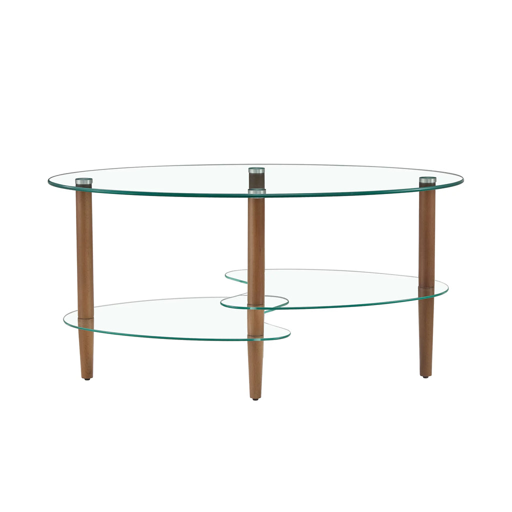 Oval Glass Coffee Table with Oak Wood Legs O534138