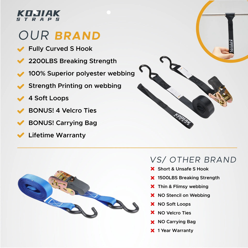 Ratchet Straps Heavy Duty Tie Down Strap Set 2200 Break Strength 1" x 17' 4pk with Soft Loops Coated Deep S-Hook & Carry Bag Black U629