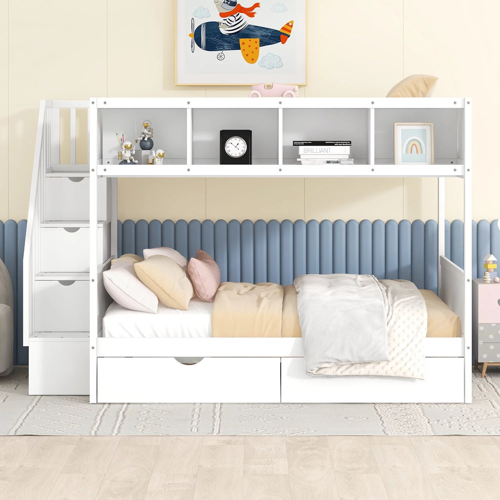 Solid Wood Twin Over Full Bunk Bed with Staircase and 2 Drawers X937