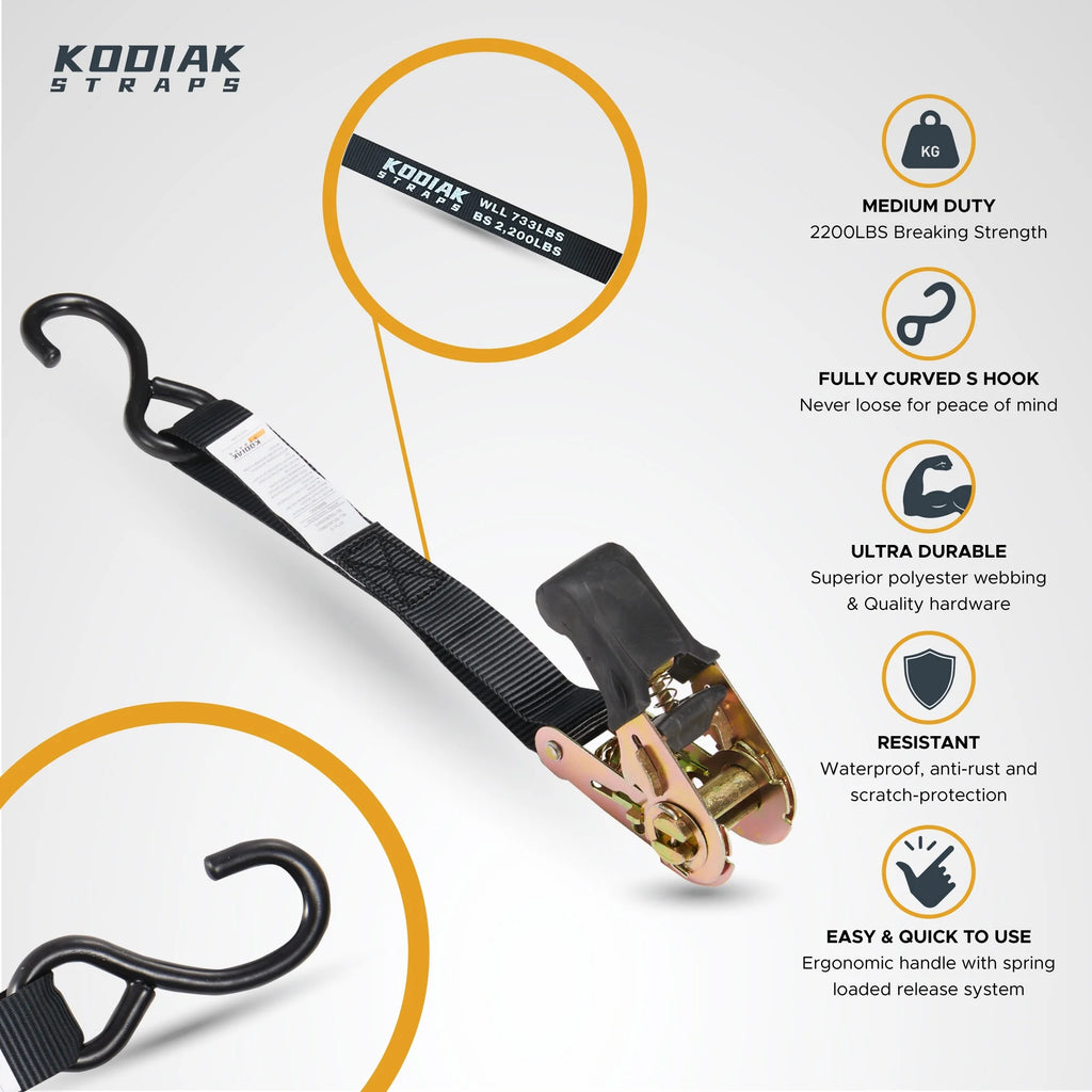Ratchet Straps Heavy Duty Tie Down Strap Set 2200 Break Strength 1" x 17' 4pk with Soft Loops Coated Deep S-Hook & Carry Bag Black U629