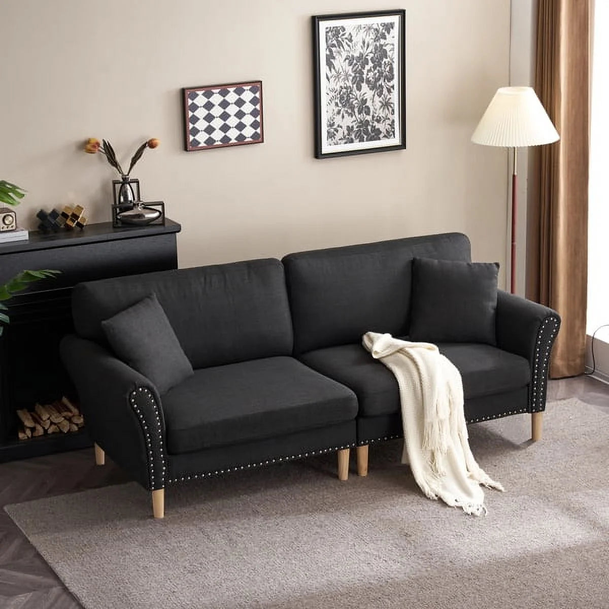 Black Upholstered 2-Seat Loveseat Sofa with 2 Pillows G1550