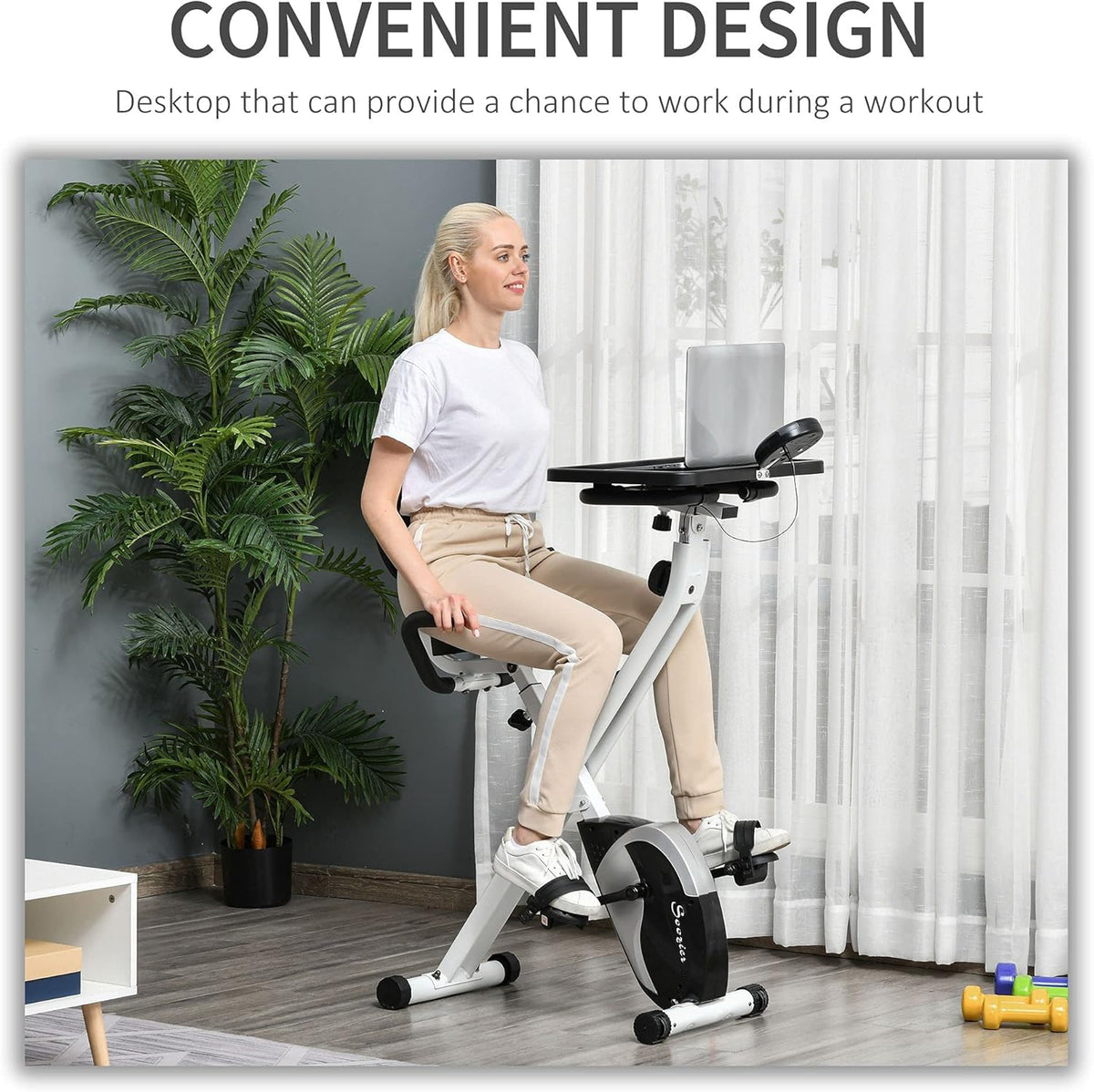 White Stationary Exercise Bike with Adjustable Desktop A27573