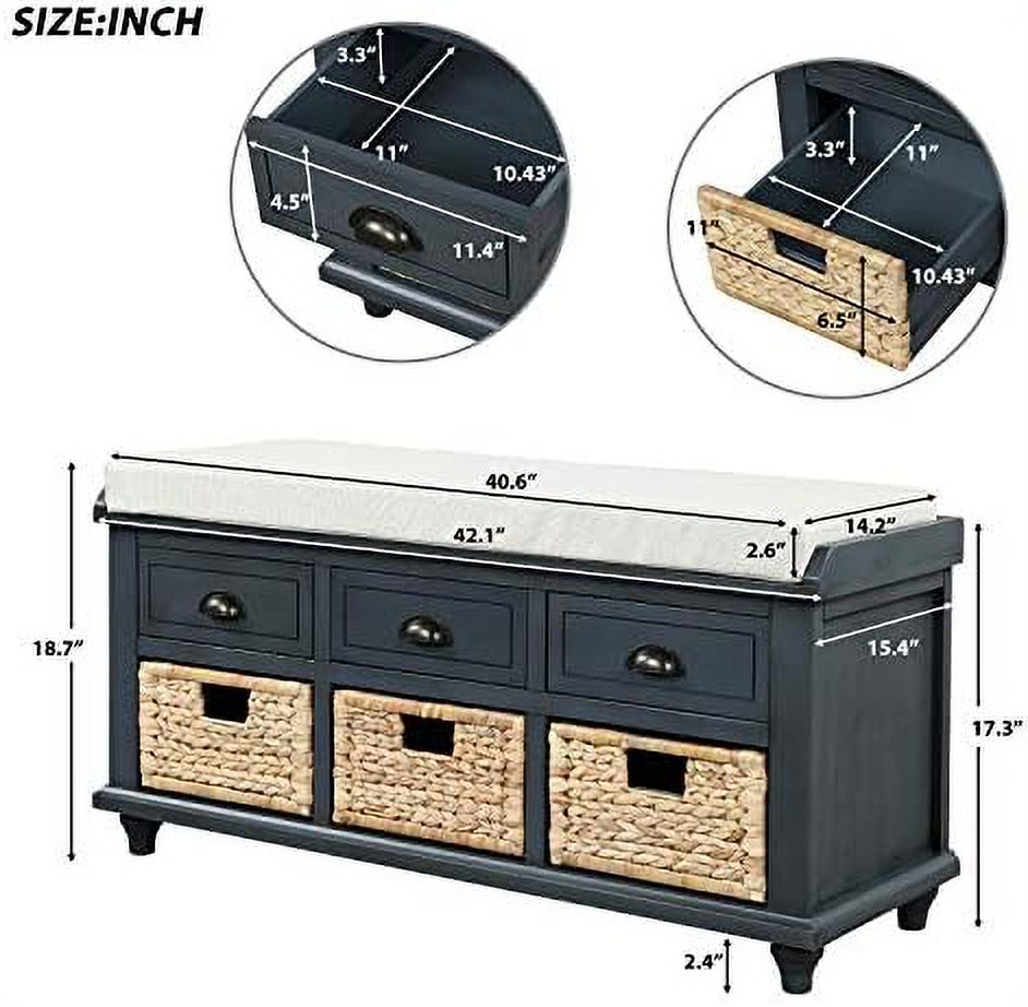 Rustic Bench with 3 Drawers and 3 Rattan Baskets Shoe Bench with Removable Cushion (White) L90439