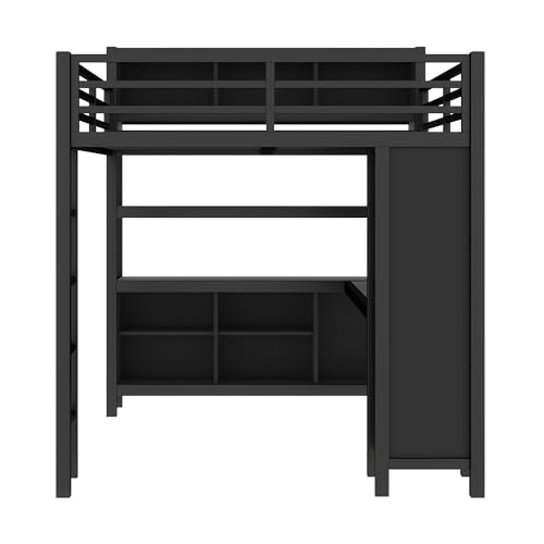 Queen Size Black Metal Loft Bed with Wardrobe and L-Shaped Desk M866