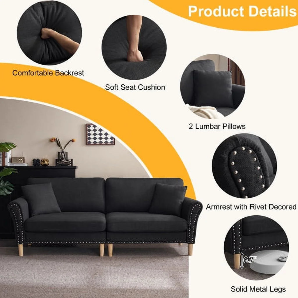 Black Upholstered 2-Seat Loveseat Sofa with 2 Pillows G1550