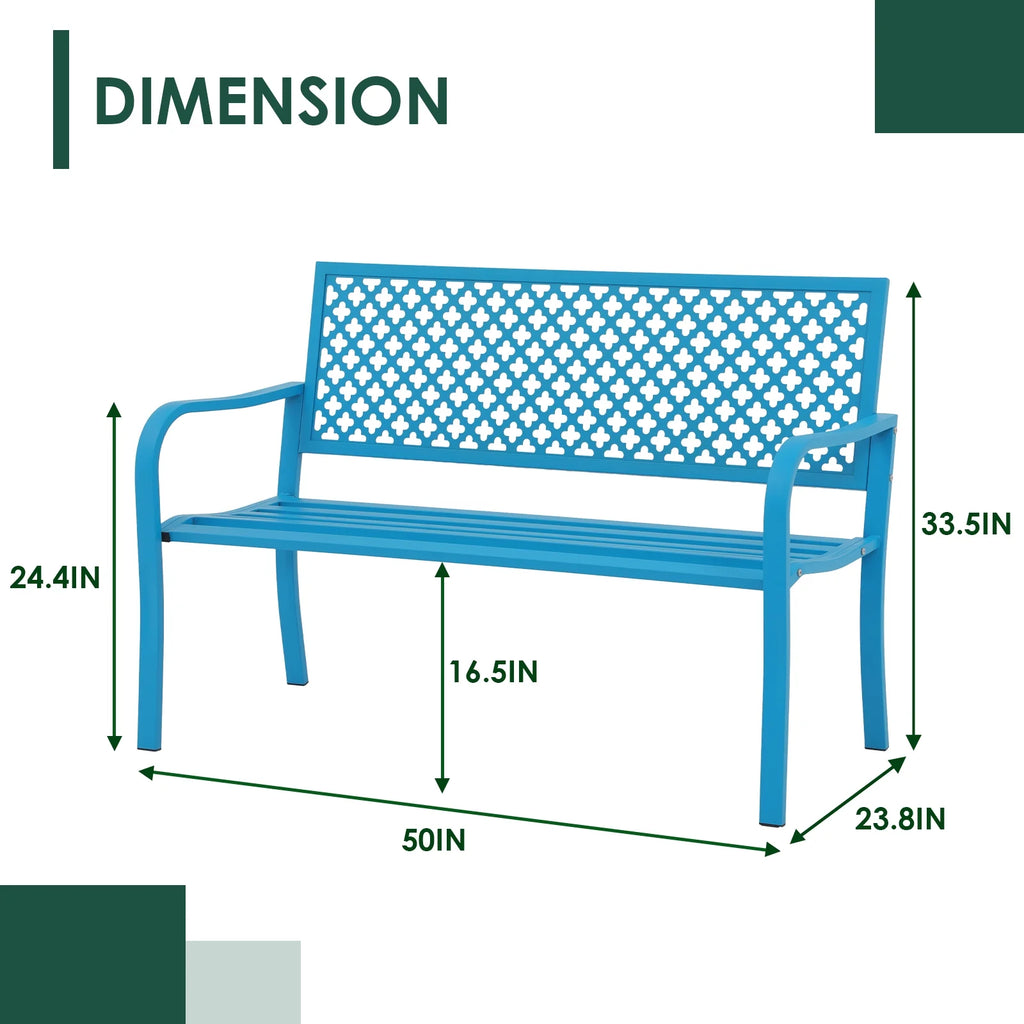 Blue 50in Metal Outdoor Garden Bench with Armrest Z78891