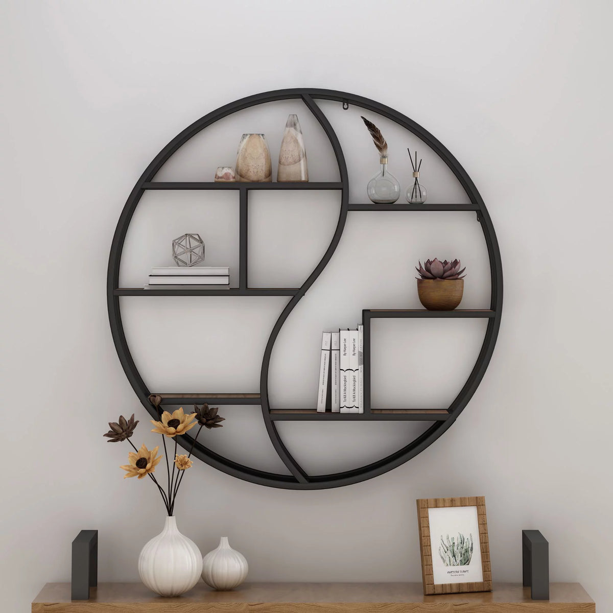 Brown and Black Contemporary Round Hanging Wall Shelf V15555