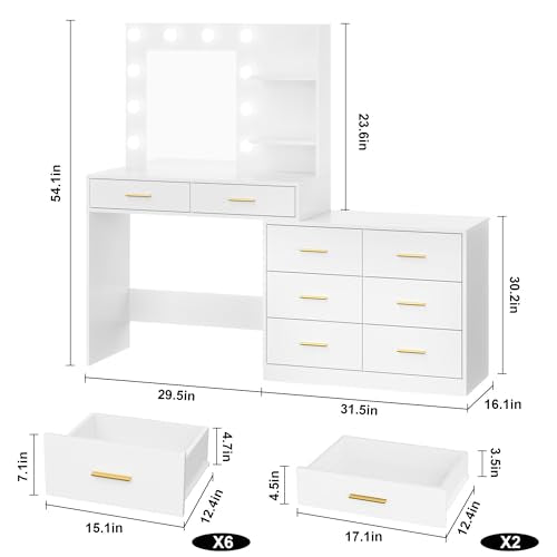 Black Vanity Desk with Mirror and Lights, 8 Storage Drawers W318