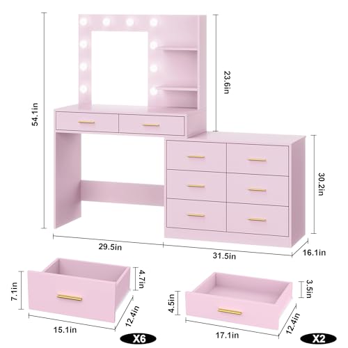 Black Vanity Desk with Mirror and Lights, 8 Storage Drawers W318