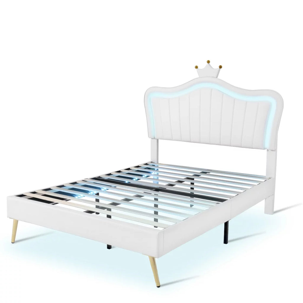 White Full Size Upholstered Platform Bed with LED Lights Y979953