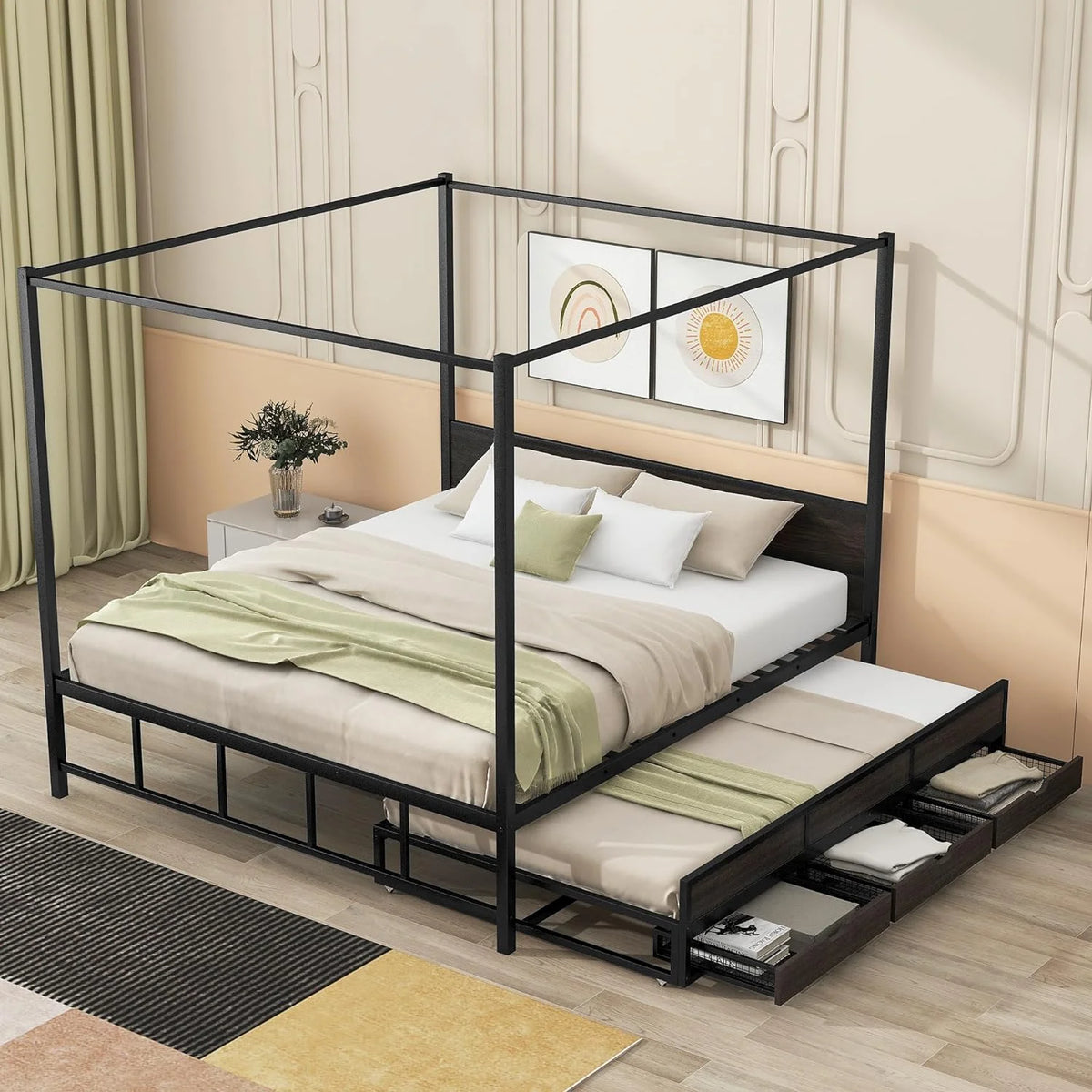 Queen Metal Canopy Bed Frame with Headboard and 3 Storage Drawers D428