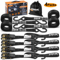 Ratchet Straps Heavy Duty Tie Down Strap Set 2200 Break Strength 1" x 17' 4pk with Soft Loops Coated Deep S-Hook & Carry Bag Black U629
