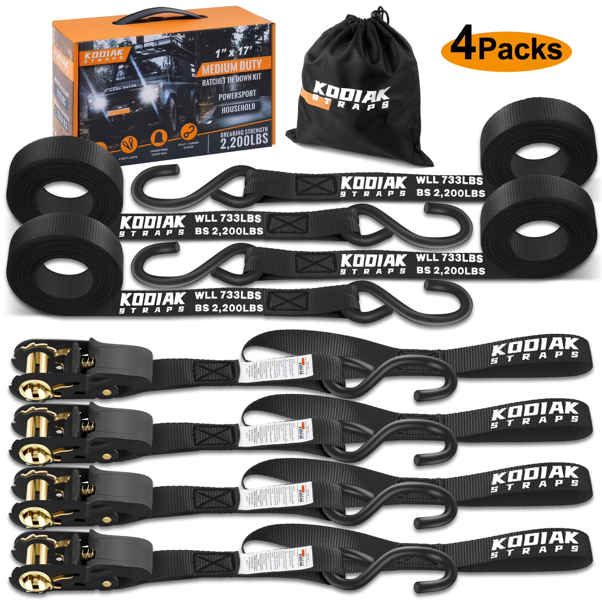 Ratchet Straps Heavy Duty Tie Down Strap Set 2200 Break Strength 1" x 17' 4pk with Soft Loops Coated Deep S-Hook & Carry Bag Black U629