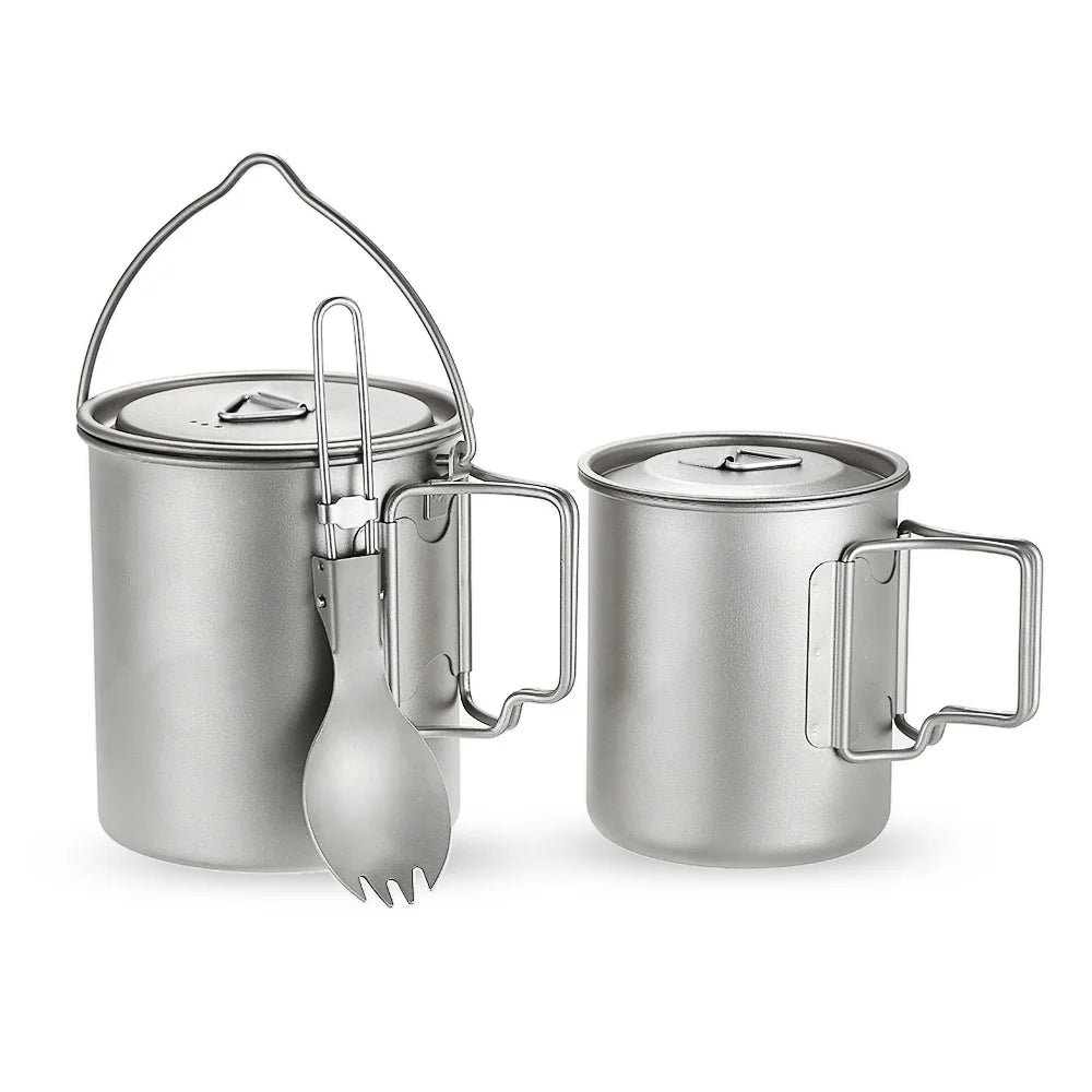 Titanium 3 Pieces Set 750ml Pot 450ml Water Cup Mug with Lid Folding Spork Z728014