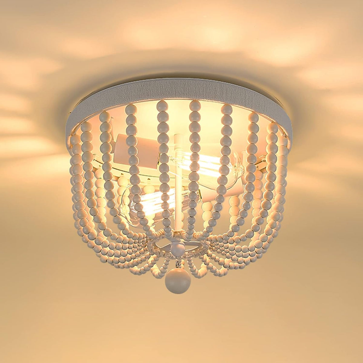 12.3 Boho Flush Mount Ceiling Light, 2-Light Wood Beaded Chandelier with Hemp Rope and White Finish E393510