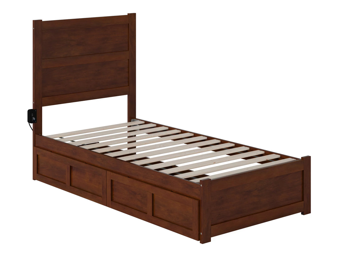 Twin Wood Platform Bed with Headboard Footboard & 2 Storage Drawers, Walnut Q7258