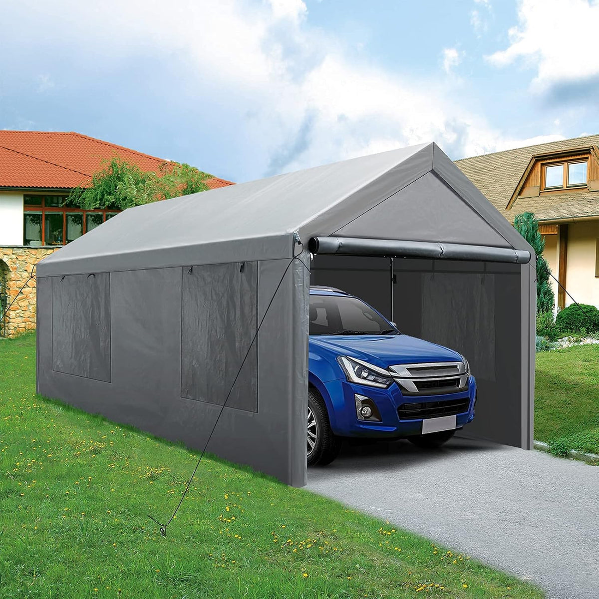 Enclosed Car Canopy 10x20*9.38ft with 4 Windows, 180g PE Cover, Detachable Walls & Doors I932