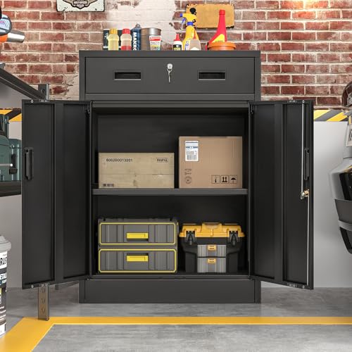 Black Metal Storage Cabinet with Adjustable Shelf and 2 Drawers C1840