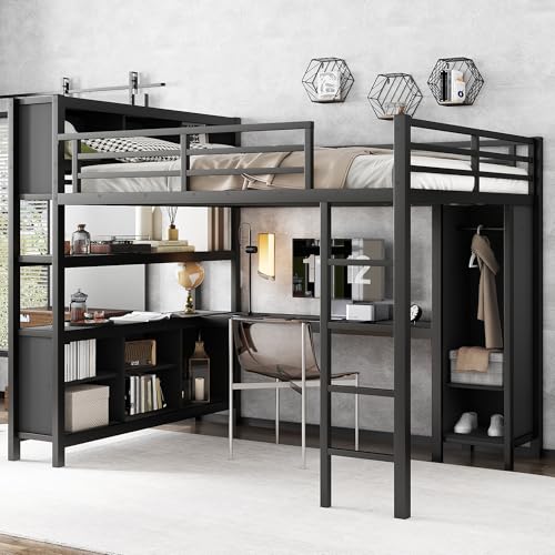 Queen Size Black Metal Loft Bed with Wardrobe and L-Shaped Desk M866