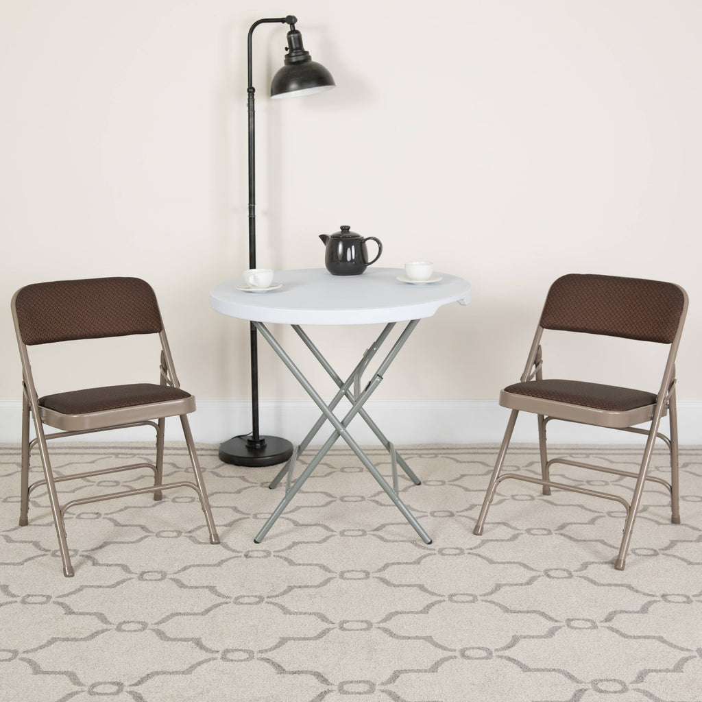 Curved Triple Braced Double Hinged Brown Patterned Fabric Metal Folding Chair O171