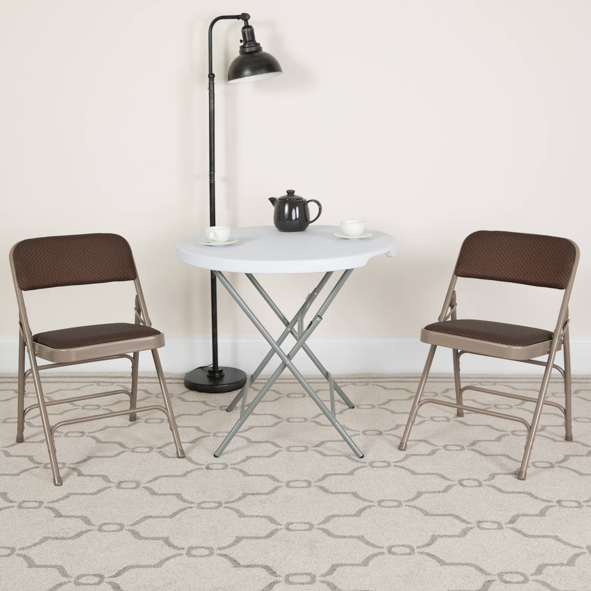 Curved Triple Braced Double Hinged Brown Patterned Fabric Metal Folding Chair O171