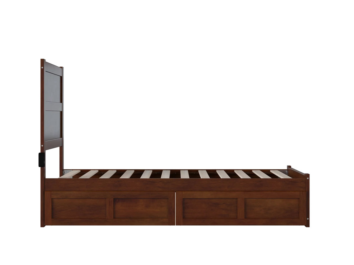 Twin Wood Platform Bed with Headboard Footboard & 2 Storage Drawers, Walnut Q7258