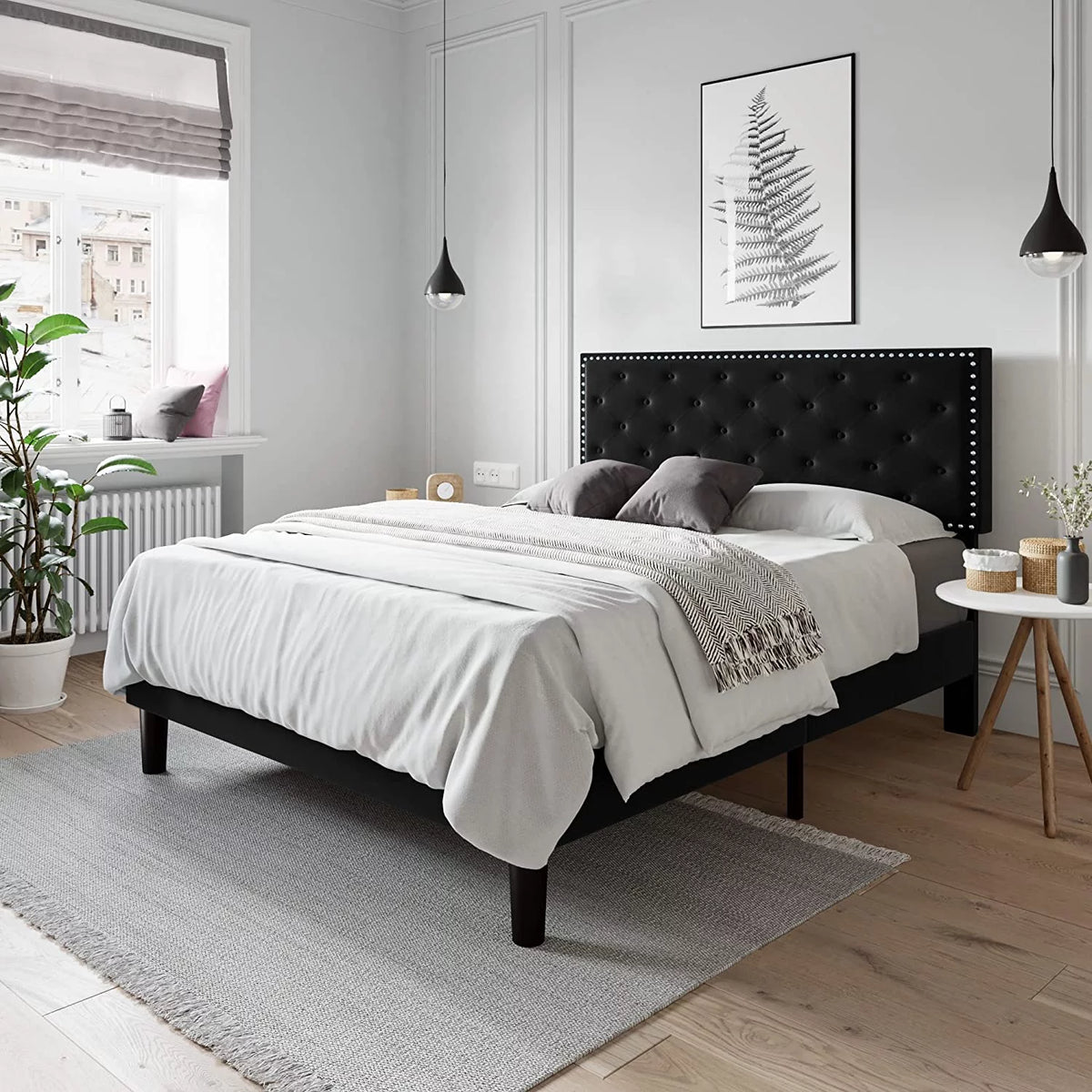 Queen Size Velvet Upholstered Platform Bed with Tufted Headboard O873