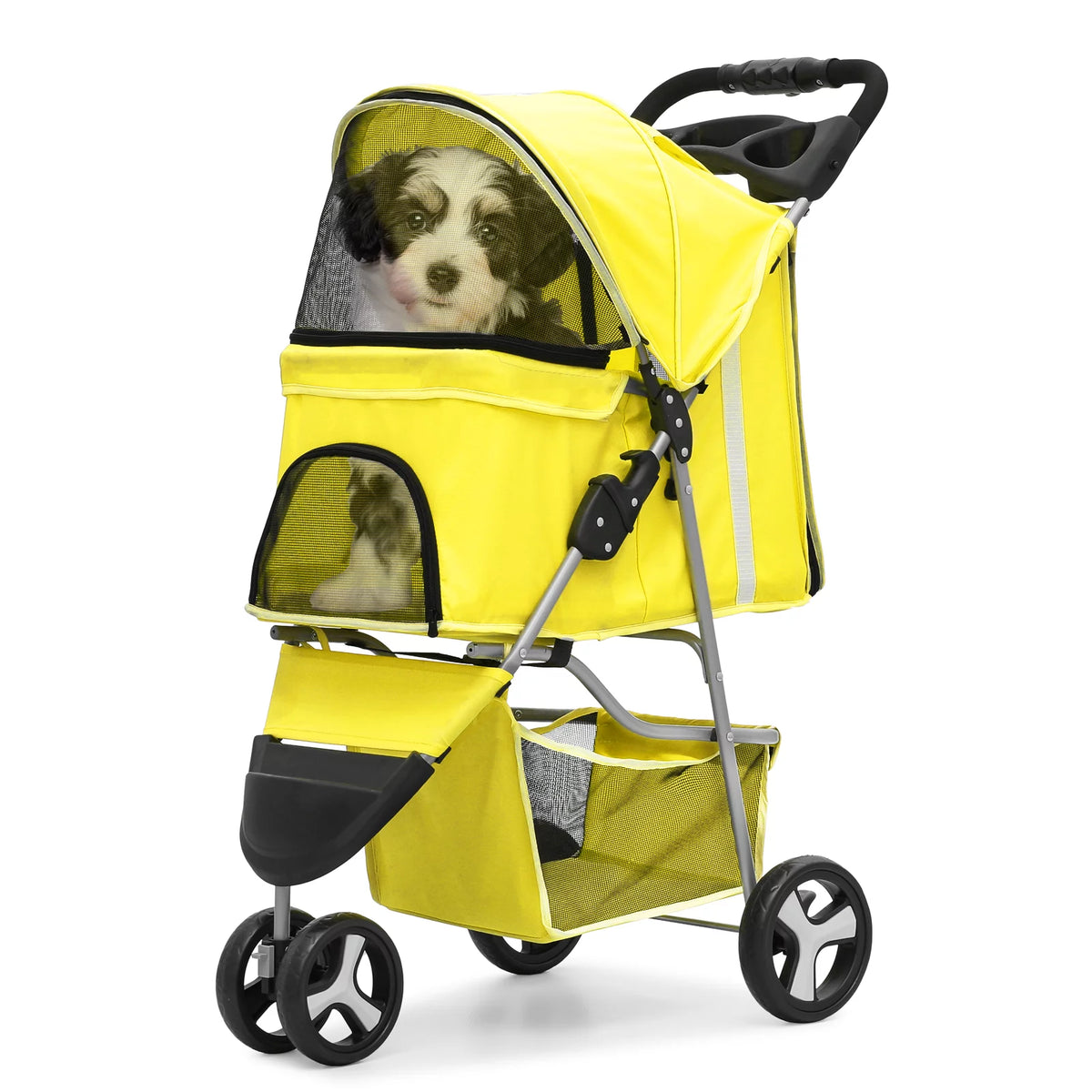 Foldable Pet Stroller with Wheels, Storage Basket and Cup Holder, Navy Blue I927