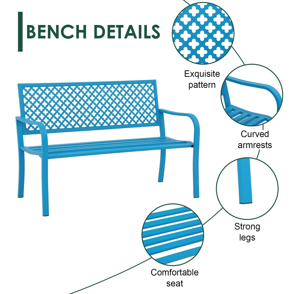 Blue 50in Metal Outdoor Garden Bench with Armrest Z78891