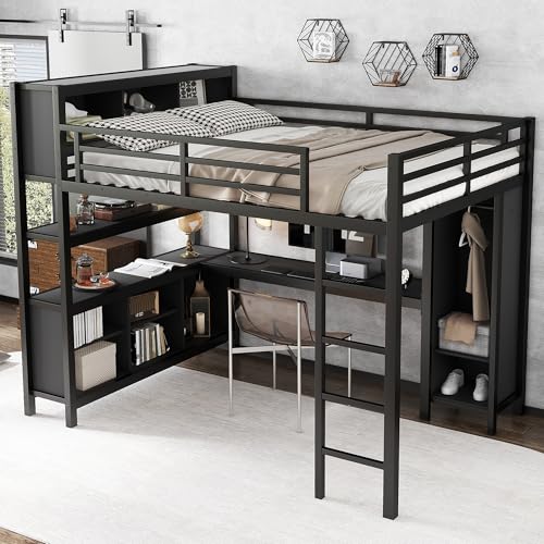 Queen Size Black Metal Loft Bed with Wardrobe and L-Shaped Desk M866