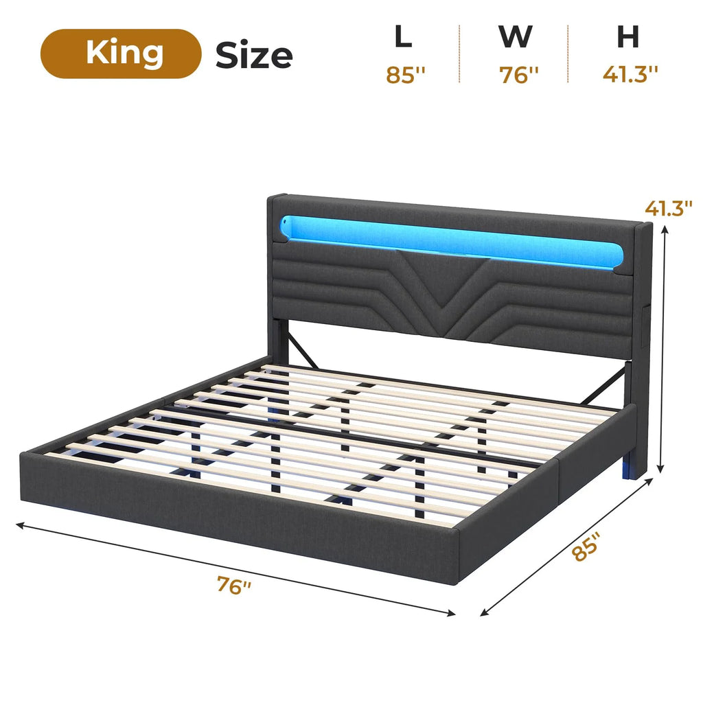 Queen Floating Bed Frame with LED Lights Headboard, USB-C/A Power Combo, Upholstered Platform Bed, Dark Gray O579