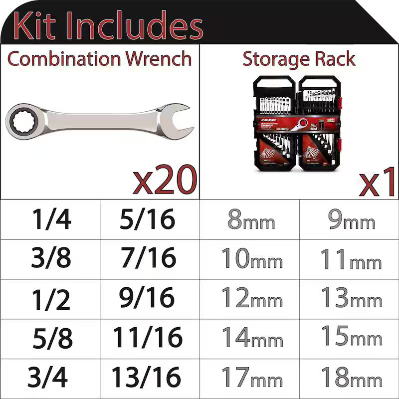 20-Piece SAE/MM Ratcheting Combination Wrench Set I437659