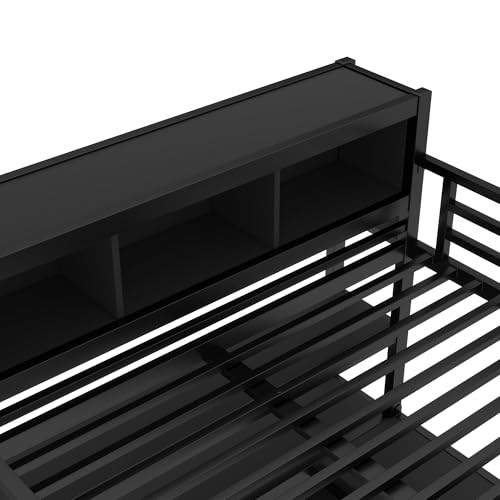 Queen Size Black Metal Loft Bed with Wardrobe and L-Shaped Desk M866