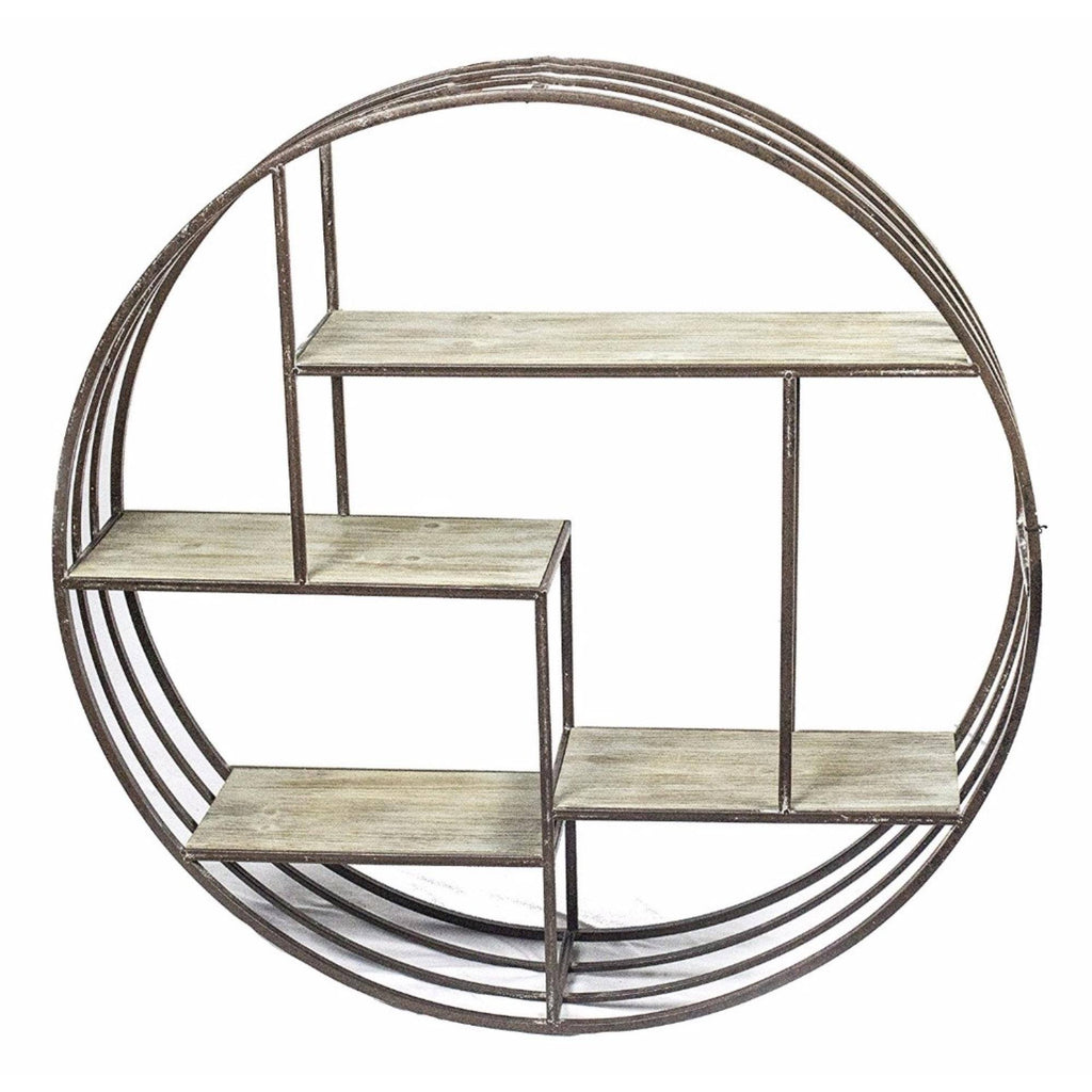 Brown Round Metal Wall Shelf with Wooden Shelves S5327