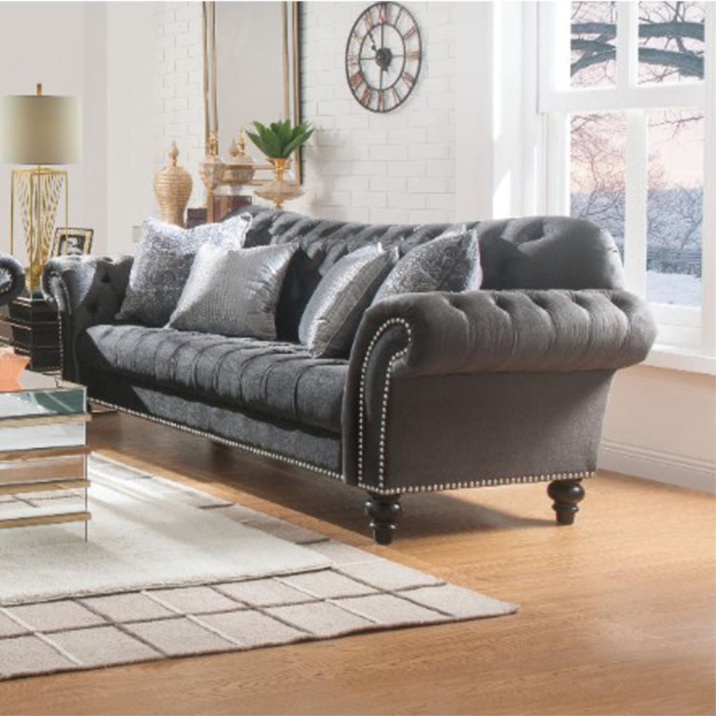 Dark Gray Button Tufted Fabric Sofa with Four Pillows C50058