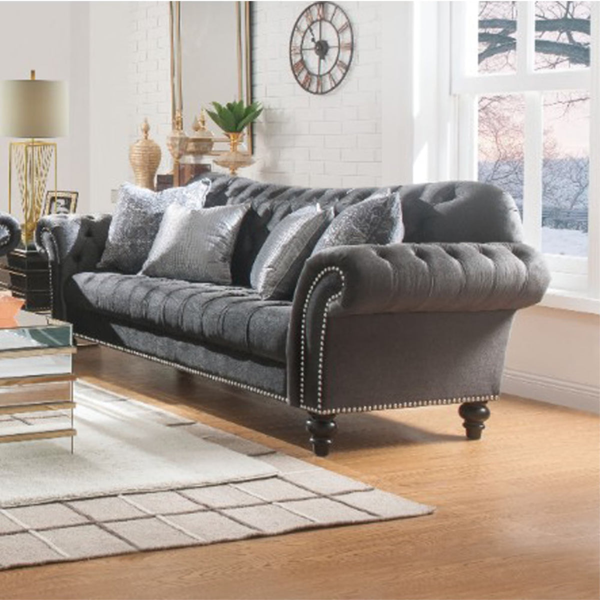 Dark Gray Button Tufted Fabric Sofa with Four Pillows C50058