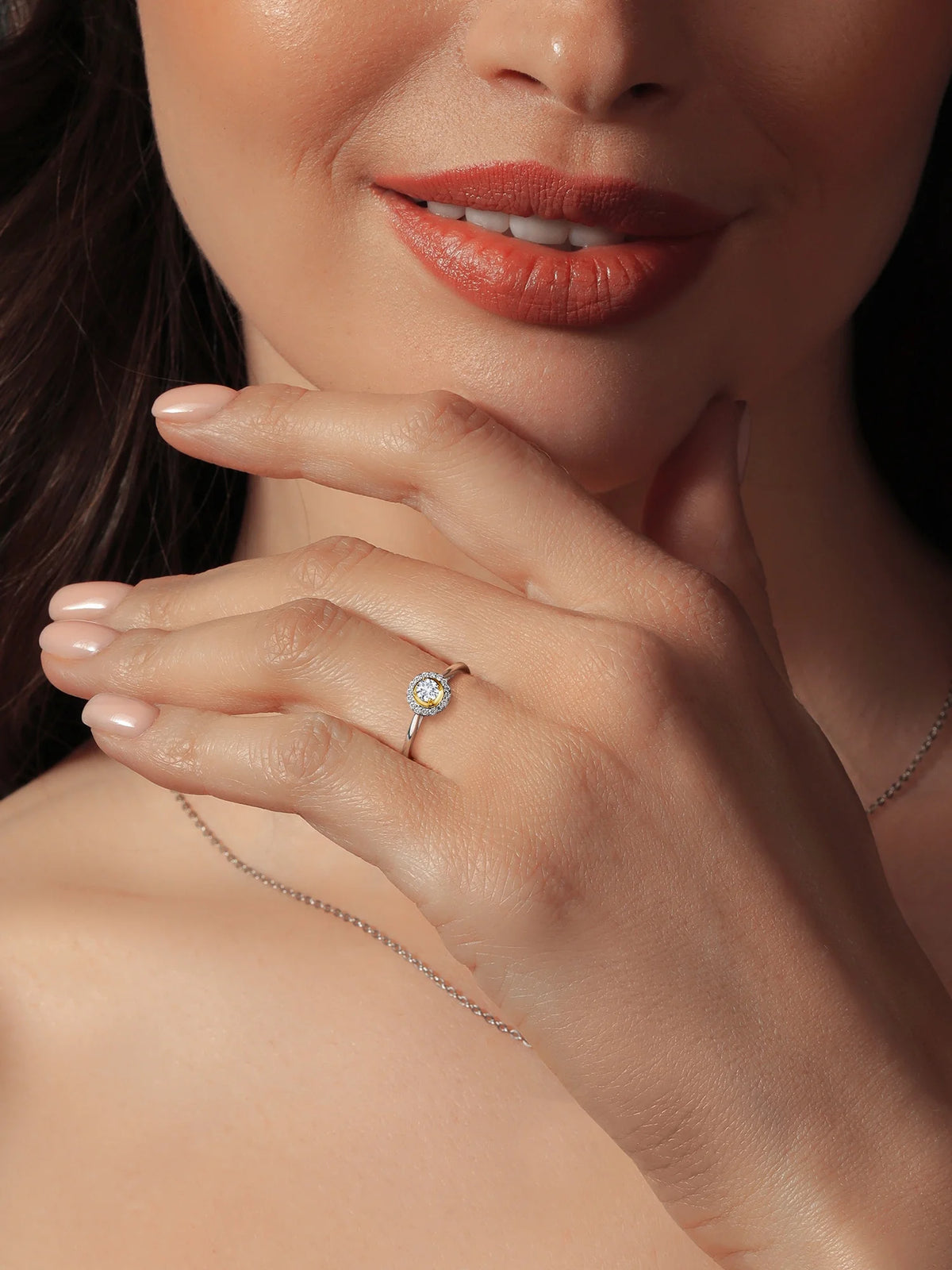 2 Tone 925 Sterling Silver and 10K Yellow Gold White Lab Grown Diamond Solitaire Engagement Ring U3744