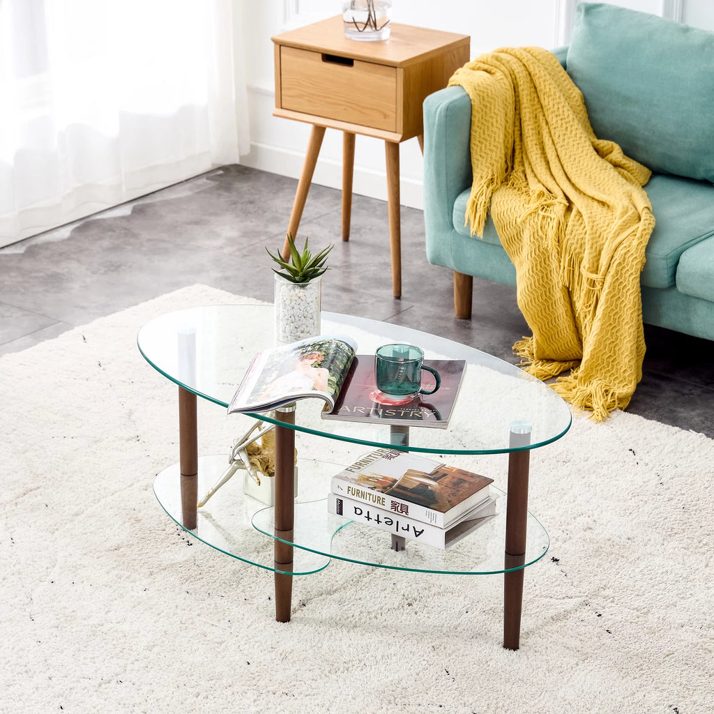 Oval Glass Coffee Table with Oak Wood Legs O534138