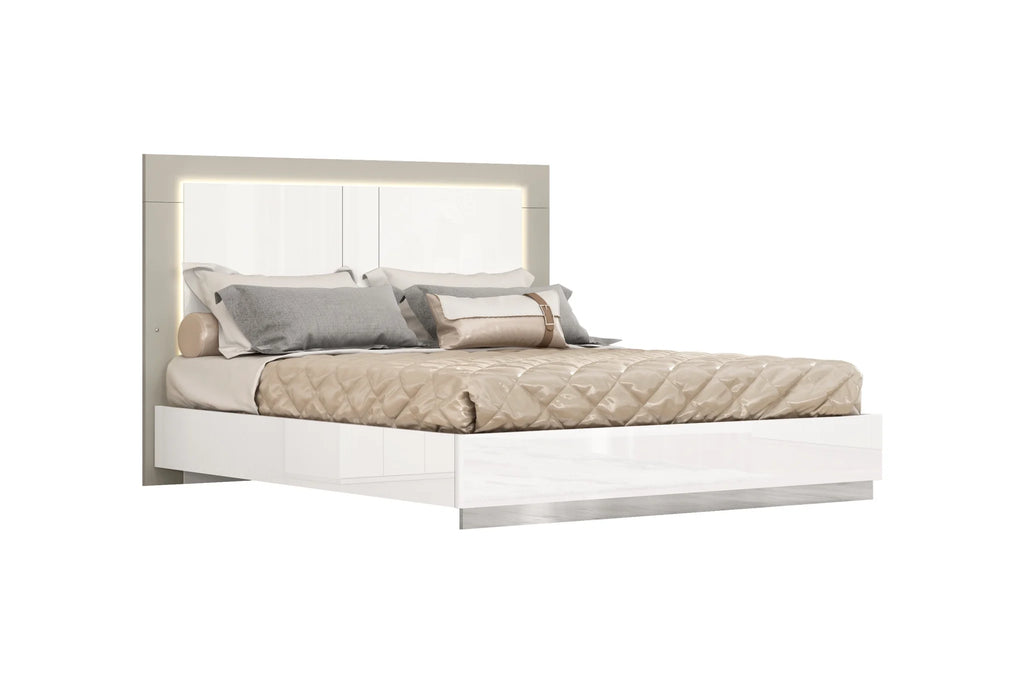 King Size White & Taupe High Gloss Bed Frame with LED Headboard Y209172