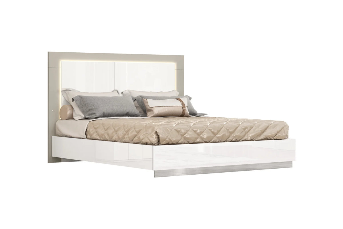 King Size White & Taupe High Gloss Bed Frame with LED Headboard Y209172