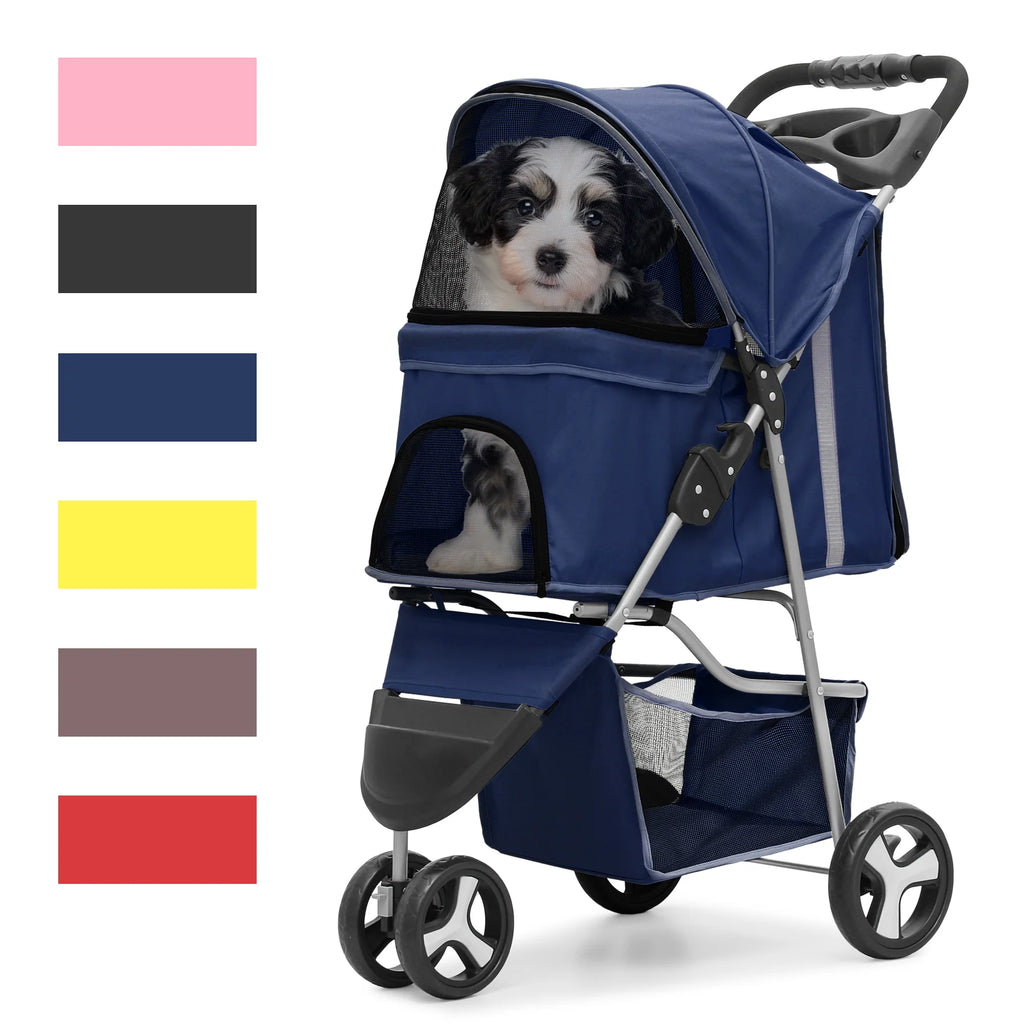 Foldable Pet Stroller with Wheels, Storage Basket and Cup Holder, Navy Blue I927