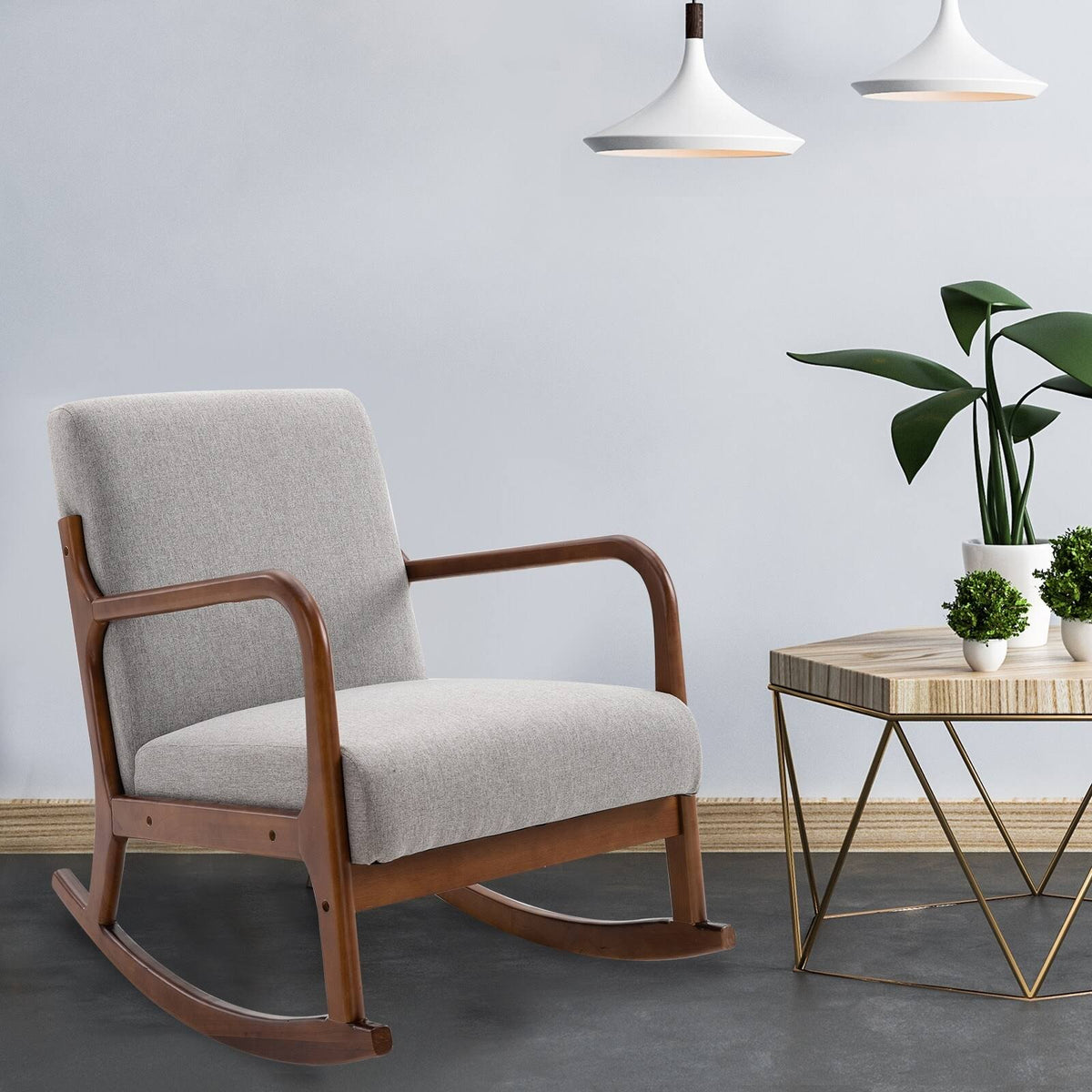 Grey Upholstered Rocking Armchair with Wood Base and Linen Fabric J244548