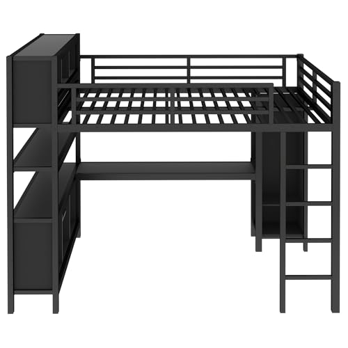 Queen Size Black Metal Loft Bed with Wardrobe and L-Shaped Desk M866