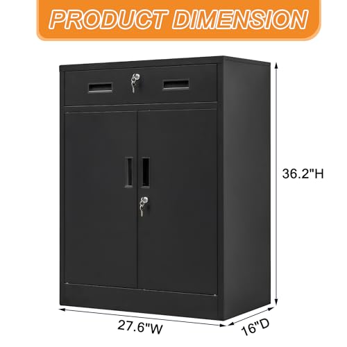 Black Metal Storage Cabinet with Adjustable Shelf and 2 Drawers C1840