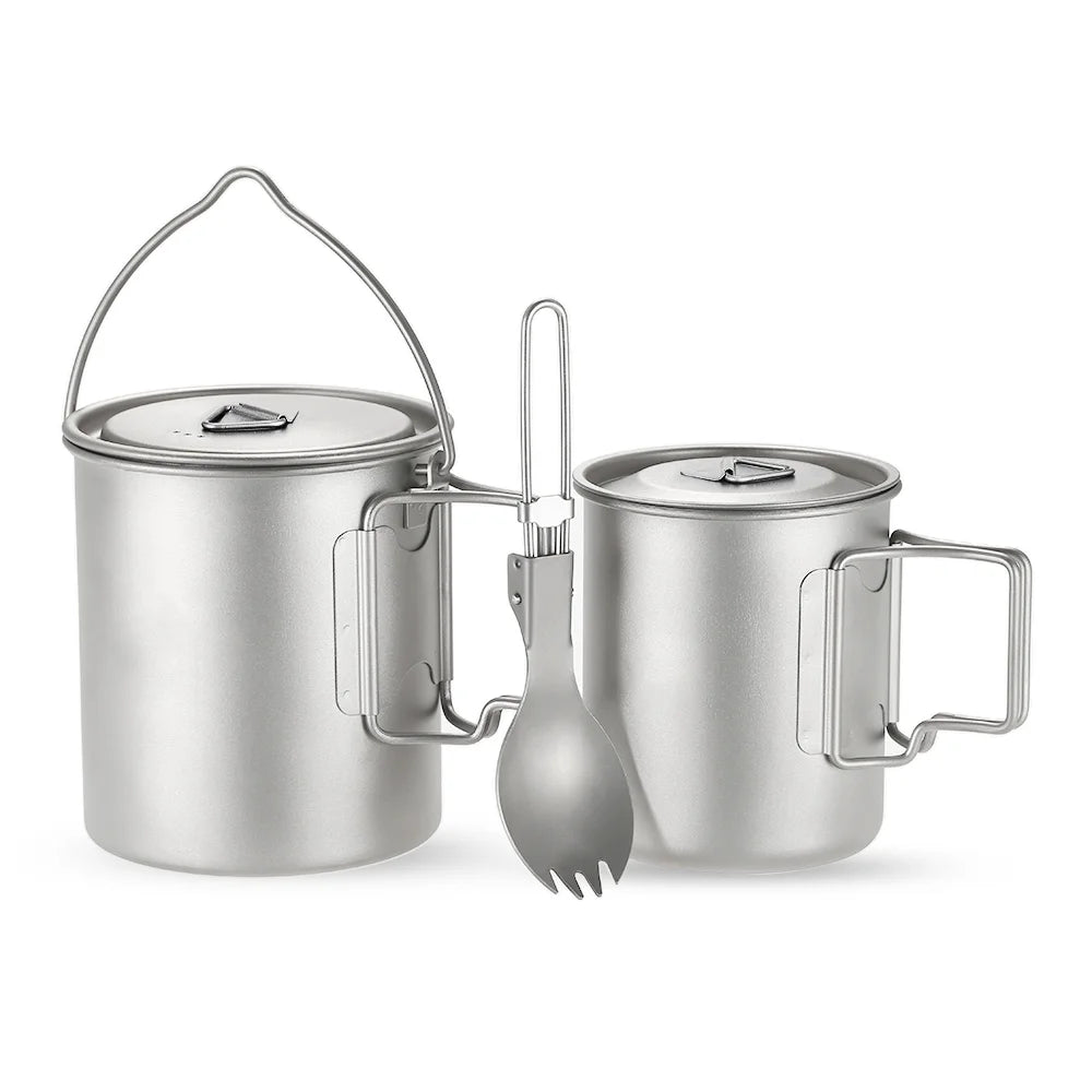 Titanium 3 Pieces Set 750ml Pot 450ml Water Cup Mug with Lid Folding Spork Z728014