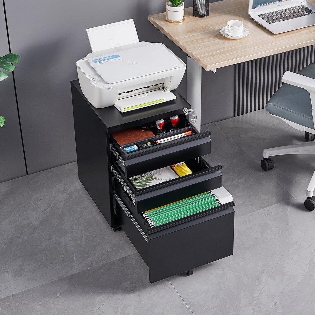 Black 3 Drawer Metal File Cabinet on Wheels Q35944